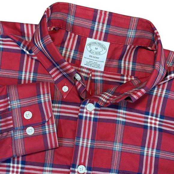 Brooks Brothers‎ Button Down Men Medium Red Plaid Regent Non-Iron Supima Cotton - Picture 3 of 6